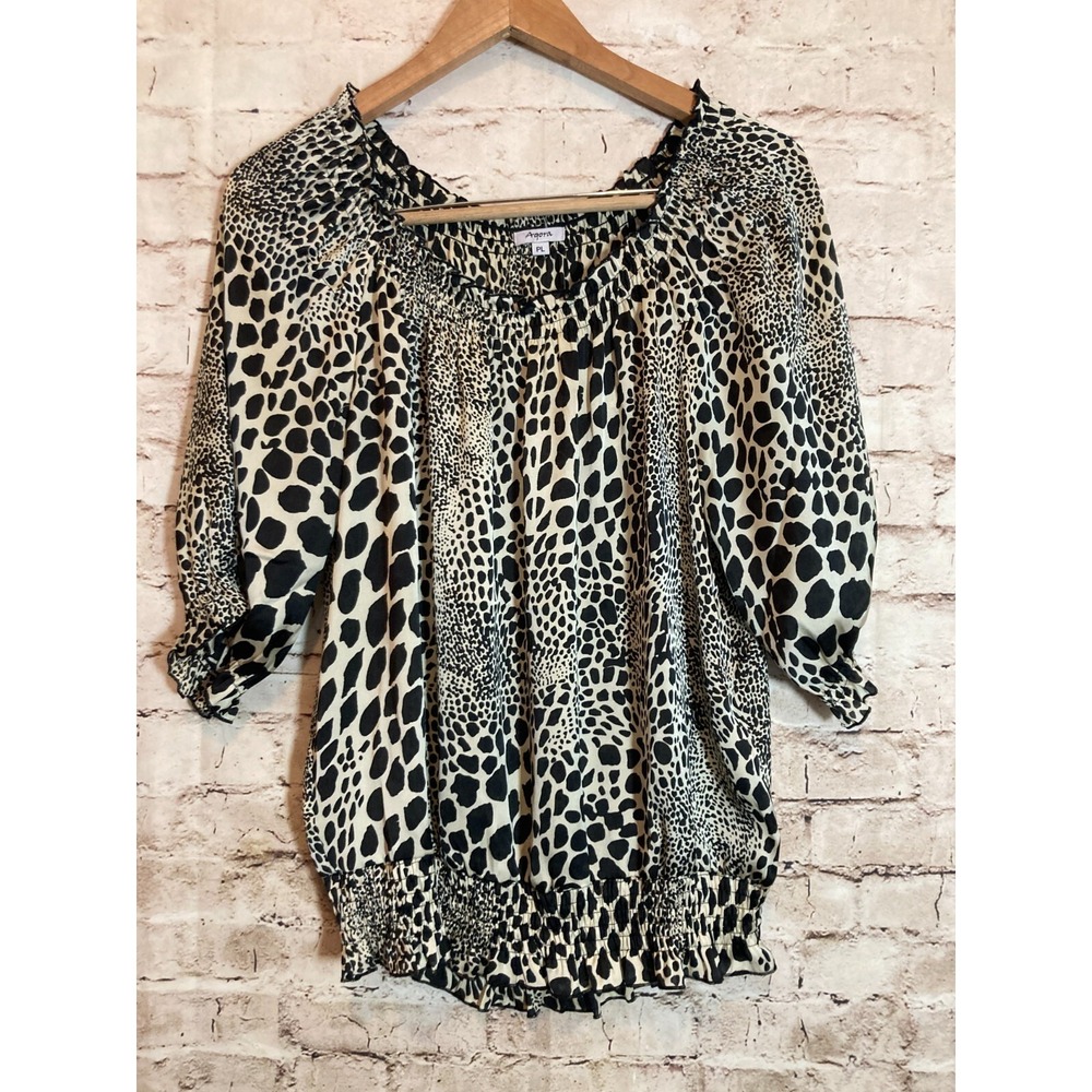 Agora Top Women Petite Large Black & Tan Satin Cheetah Leopard Print Puff Sleeve